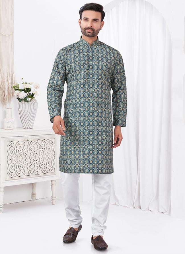 Rayon Cotton Blue Ceremonial Wear Printed Readymade Kurta Pajama